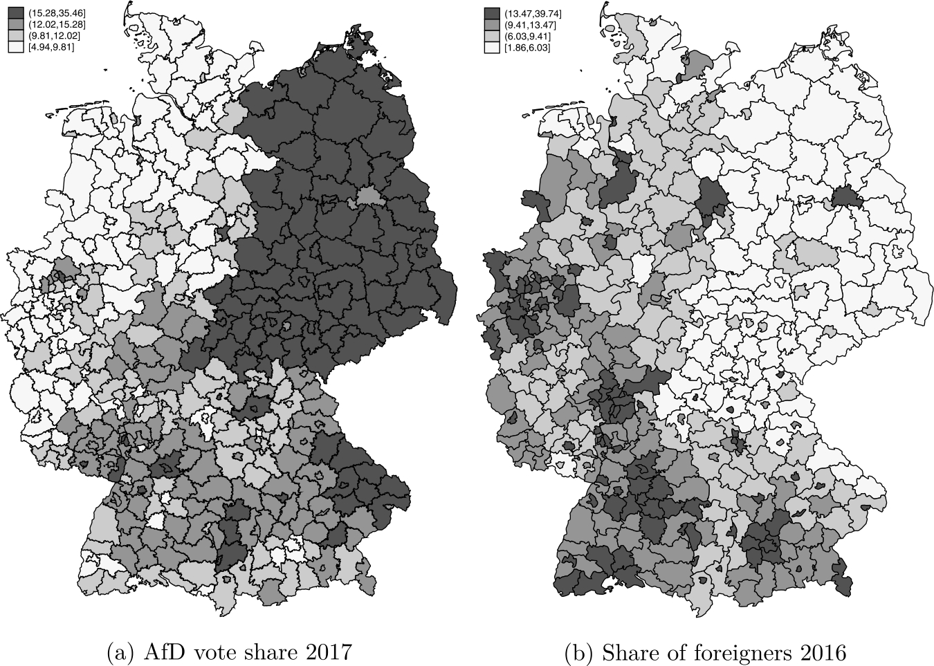 Figure 1 
AfD vote shares and shares of foreigners in the 2017 German federal election.
