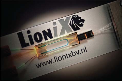  Optofluidic chip with fluidic channel (in blue) and waveguide (in yellow)