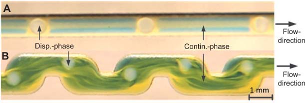 Figure 9 Visualization of the mass transfer with a neutralization reaction (n-nonane/water: 1/6 ml/min).(A) Straight channel; (B) winding channel.