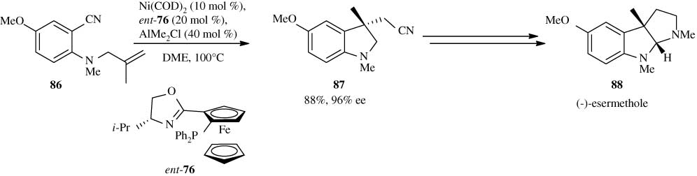 Scheme 22 Catalytic enantioselective intramolecular arylcyanation and its application in the synthesis or (-)-esermethole.