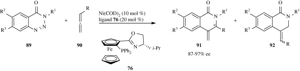 Scheme 23 Catalytic enantioselective annulation reaction of N-aryl-1,2,3-benzotriazin-4(3H)-ones 89 with allenes 90.