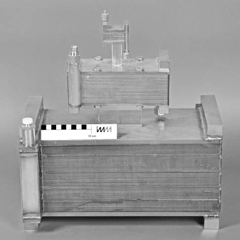 Figure 16 Comparison of the dimensions of laser welded stacked reactor: top – plates 17×50 mm, mid – plates 60×200 mm, below – first prototype with plates 150×400 mm.