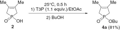 Scheme 14 Esterification of 1-hydroxy-3,4-dimethyl-3-phospholene oxide in the presence of the T3P reagent.