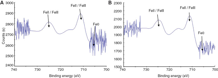 Figure 3 X-ray photoelectron spectroscopy (XPS) survey on Fe 2p3/2 of ‘green’ (A) TEA-Fe and (B) CAF-Fe catalysts.