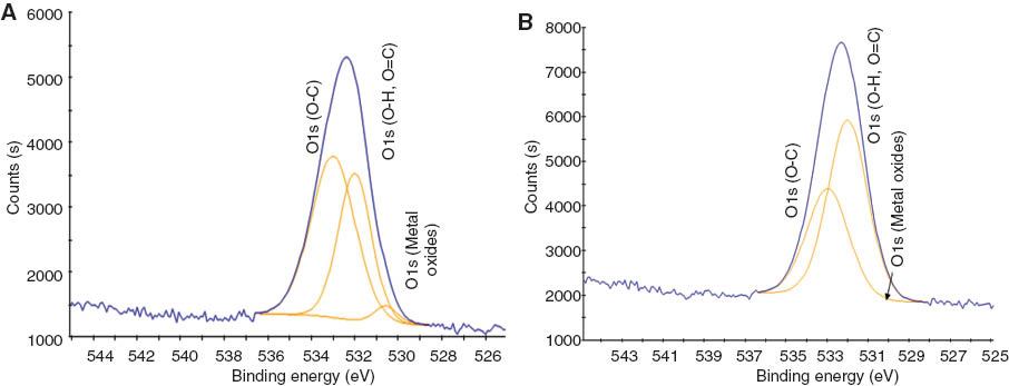 Figure 4 X-ray photoelectron spectroscopy (XPS) survey on O1s regions of ‘green’ (A) TEA-Fe and (B) CAF-Fe catalysts.