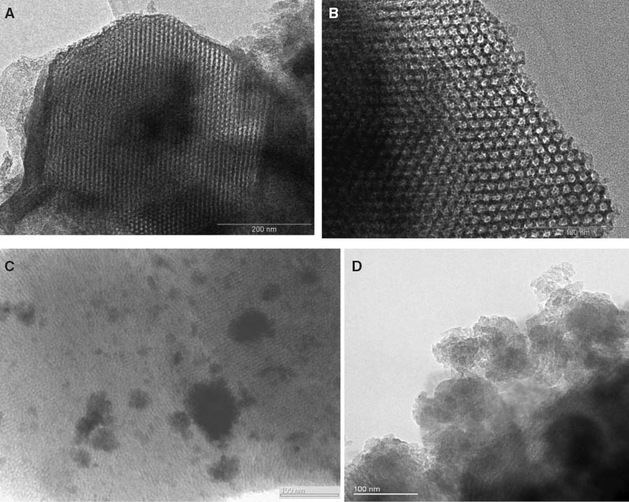 Figure 2 Transmission electron microscopy (TEM) micrographs of: (A, B) 0.5% Co/Al-SBA-15 (top images); and (C, D) 20% Co/Al-SBA-15 (bottom images) at different magnifications.