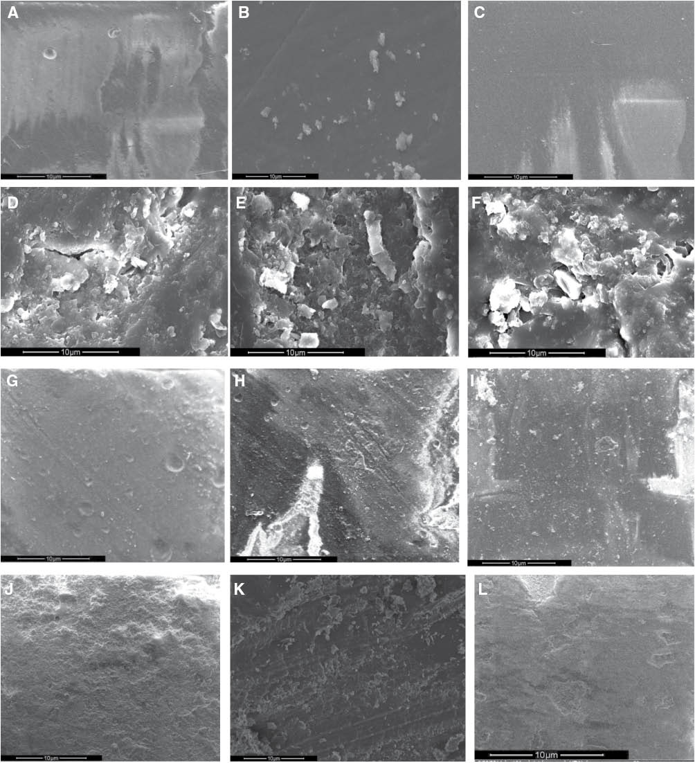 Figure 10: SEM images of cured VEOCN samples containing MMA, styrene, ME and MG as reactive monomers, respectively. Exposed to 1 m HCl: (A) MMA, (D) styrene, (G) ME and (J) MG; Exposed to 1 m NaOH: (B) MMA, (E) styrene, (H) ME and (K) MG; Exposed to 1 m NaCl: (C) MMA, (F) styrene, (I) ME and (L) MG.