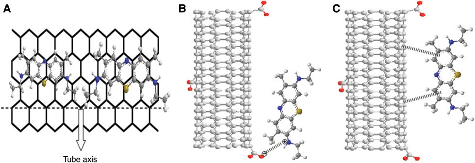 Figure 3: Schematic illustration of typical adsorption sites and the possible interaction between multi-walled carbon nanotubes (MWCNTs) and methylene blue dye: (A) axis direction; (B) electrostatic attraction and (C) π-π stacking.