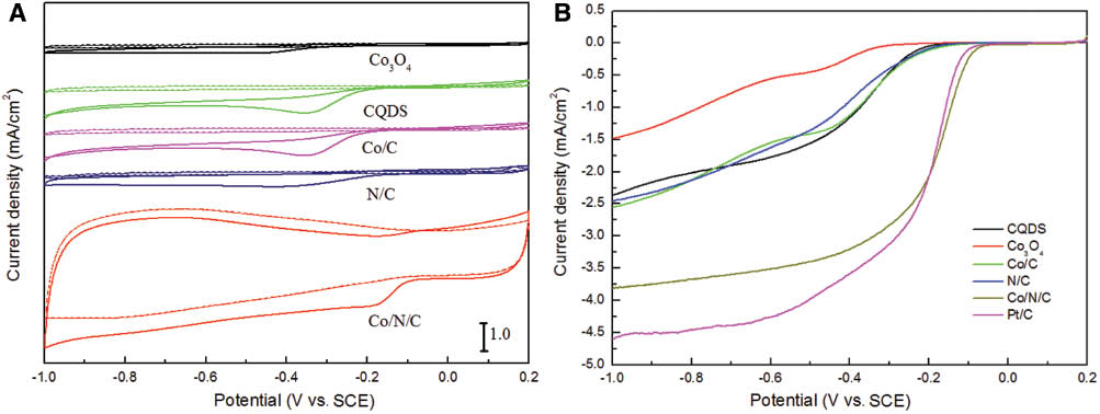 Figure 3: (A) Cyclic voltammetry (CV) curves of free Co3O4, carbon quantum dots (CQDs), Co/C, N/C and Co/N/C in (solid line) O2-saturated or (dot line) Ar-saturated 0.1 m KOH solutions with a scan rate of 50 mV/s. (B) Linear sweep voltammograms (LSVs) of free Co3O4, CQDs, Co/C, N/C, Co/N/C and commercial Pt/C in an O2-saturated 0.1 m KOH solution at a rotation rate of 1600 rpm and a scanning rate of 5 mV/s.