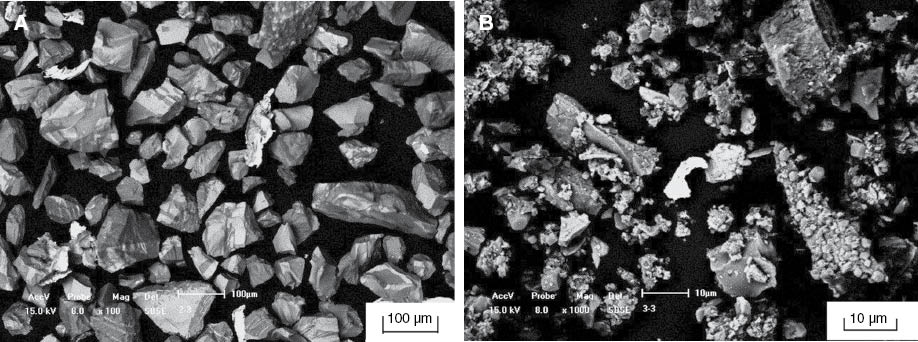 Figure 7: SEM micrograph of particles before and after leaching process: (A) before leaching; and (B) after leaching.