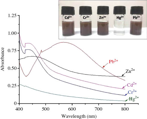 Figure 7: UV-Vis spectra of Ag nanoparticle suspension with different metal ions; inset figure shows the selective colorimetric sensing of Hg2+ ion in aqueous solution.