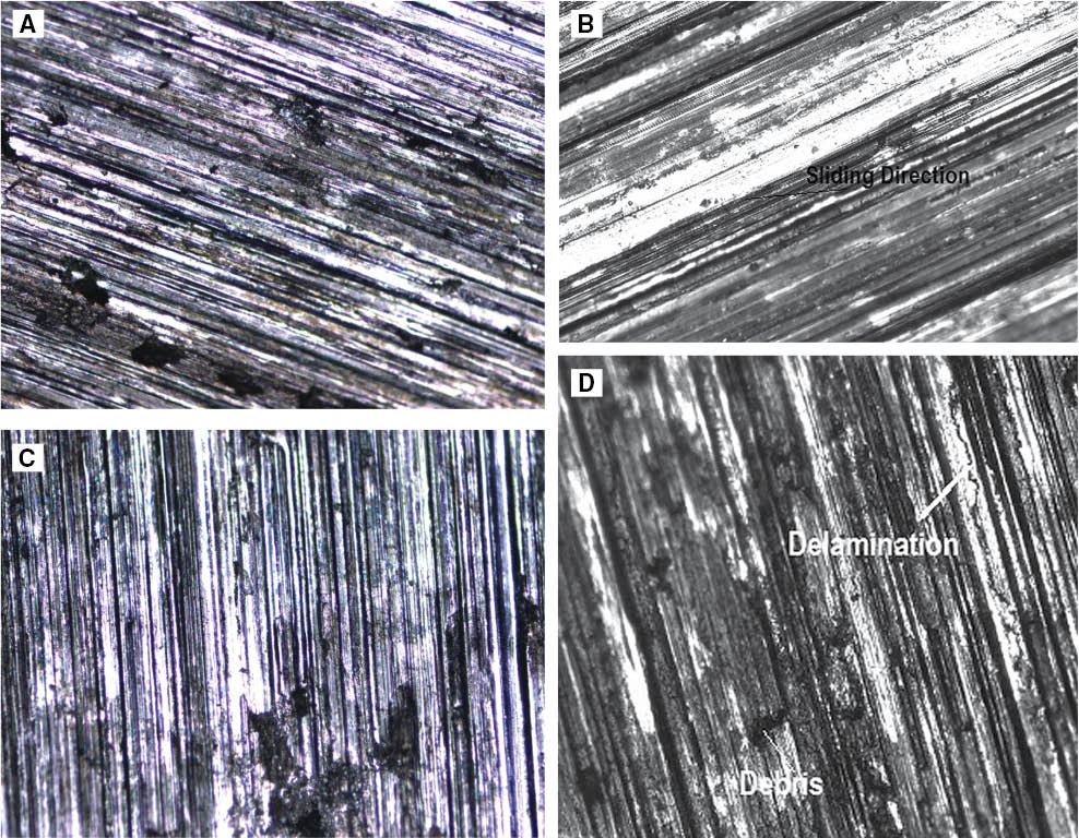 Figure 13: Micrographs of (A) worn surface for 5% at 20 N load; (B) worn surface for 5% at 30 N load; (C) worn surface for 7% at 20 N load; and (D) worn surface for 7% at 30 N load.