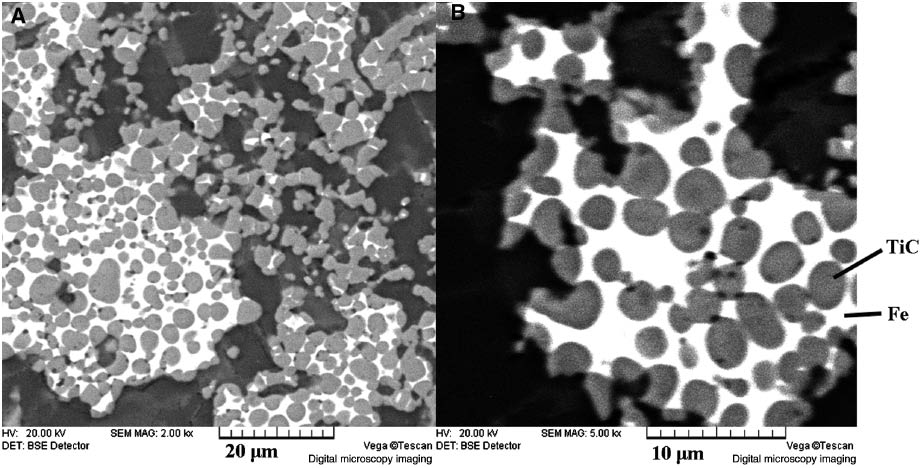 Figure 16: Scanning electron microscopy (SEM) images of the slag sample after carbothermal reduction in vacuum: (A) 2000×; and (B) 5000×.
