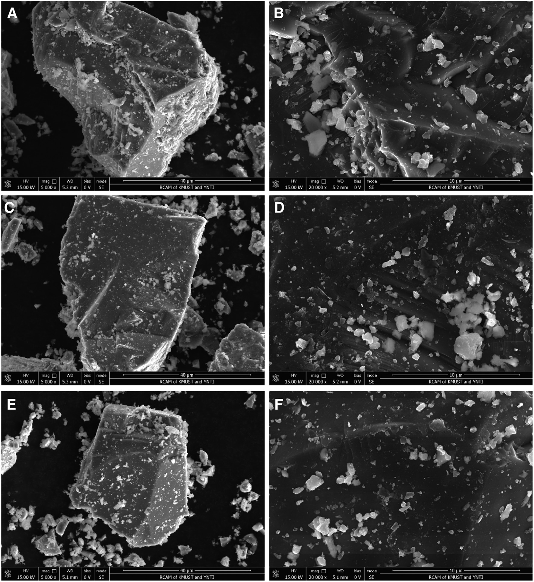 Figure 5: Scanning electron microscopy (SEM) of high titanium slag before and after microwave drying. (A), (B) raw materials; (C), (D) microwave dried 50 s; (E), (F) microwave dried 90 s.