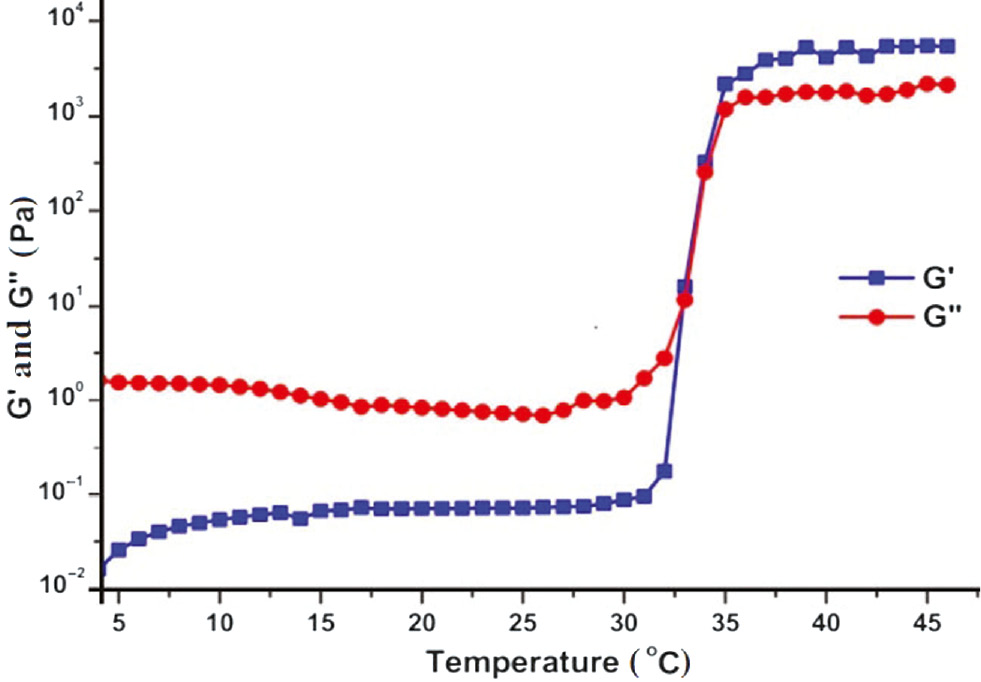 Figure 8: Rheology of nanocurcumin (nCur)-loaded CP hydrogel (CS:F127=1:15) shows Tgel at 34.9°C.