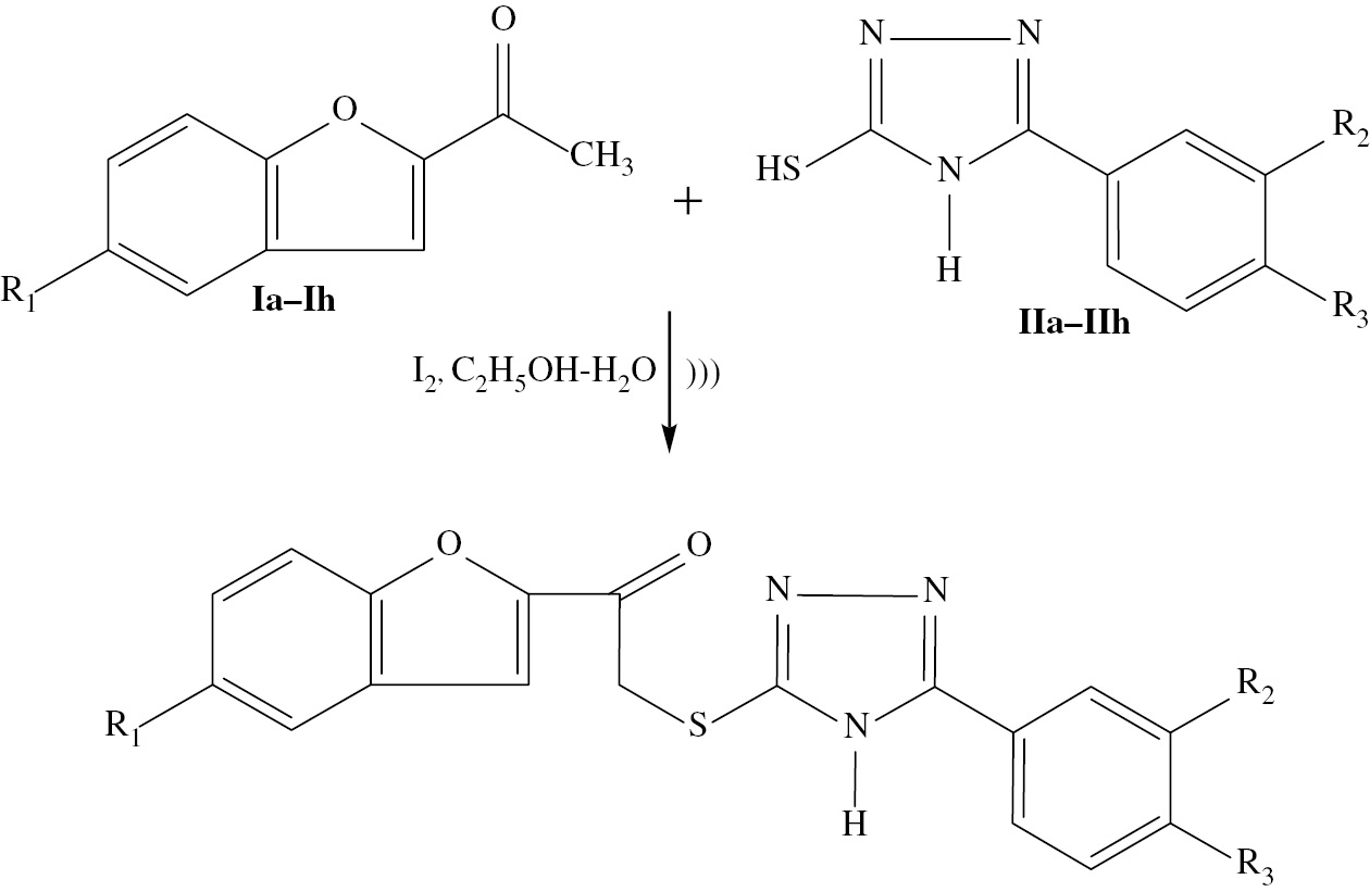Scheme 1: Synthesis of 5-(benzofuran-2-yl) acylthio-3-(4-chlorophenyl)1,2,4triazoles (IIIa–IIIh).