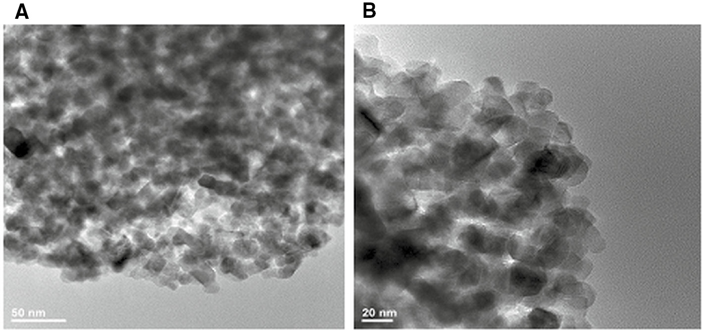 Figure 4: (A, B) Transmission electron microscopy image of iron oxide NPs synthesized in MR at 50 ml/h using CTAB as a surfactant. Scale bars: (A) 50 and (B) 20 nm.