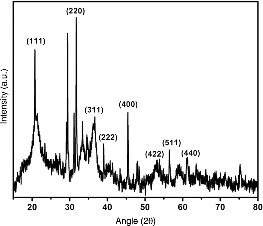 Figure 9: XRD pattern of synthesized iron oxide NPs in a MR.