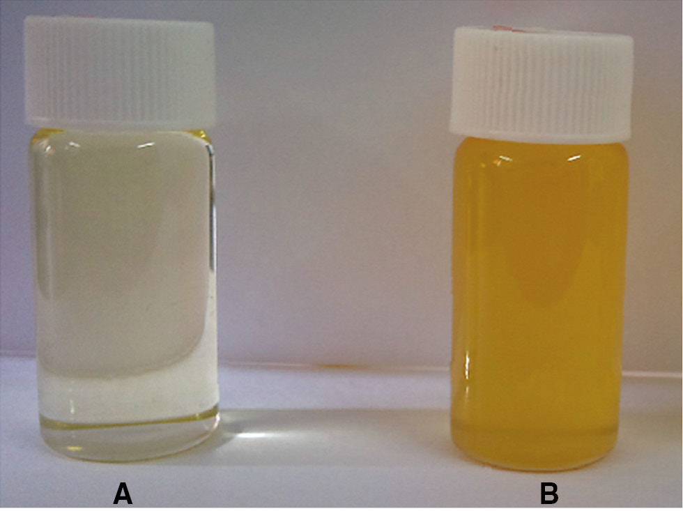 Figure 1: Digital photos of the raw material and the intermediate (A) SO, (B) DA. These photos were conducted at an ambient temperature.