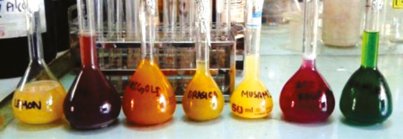 Figure 3: Extracted crude dyes from various sources.
