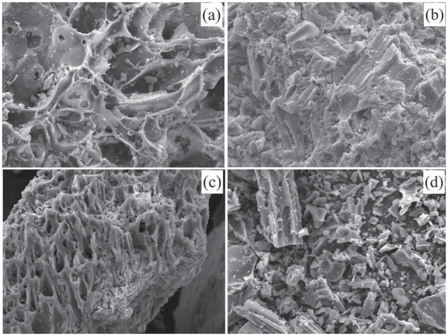 Figure 2 SEM micrographs of the volcanic ash studied (mag. 500x): (a) PVA 40, (b) PVA 40-60, (c) PVA 60-100, and (d) PVA 100.