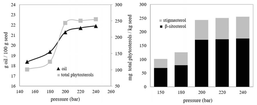 Figure 3 Effect of pressure on the amounts of seed oil and phytosterols: 33°C, 7 g CO2/min, 0.8 mm mean particle size, 2 h.