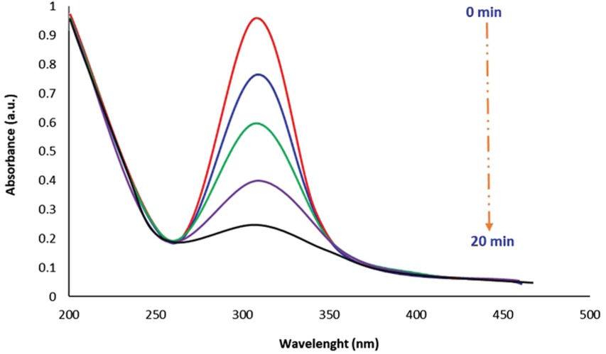 Figure 6 UV-Vis absorption spectral changes during absorption of 4-nitrophenol solution at different times using green CuO NPs.