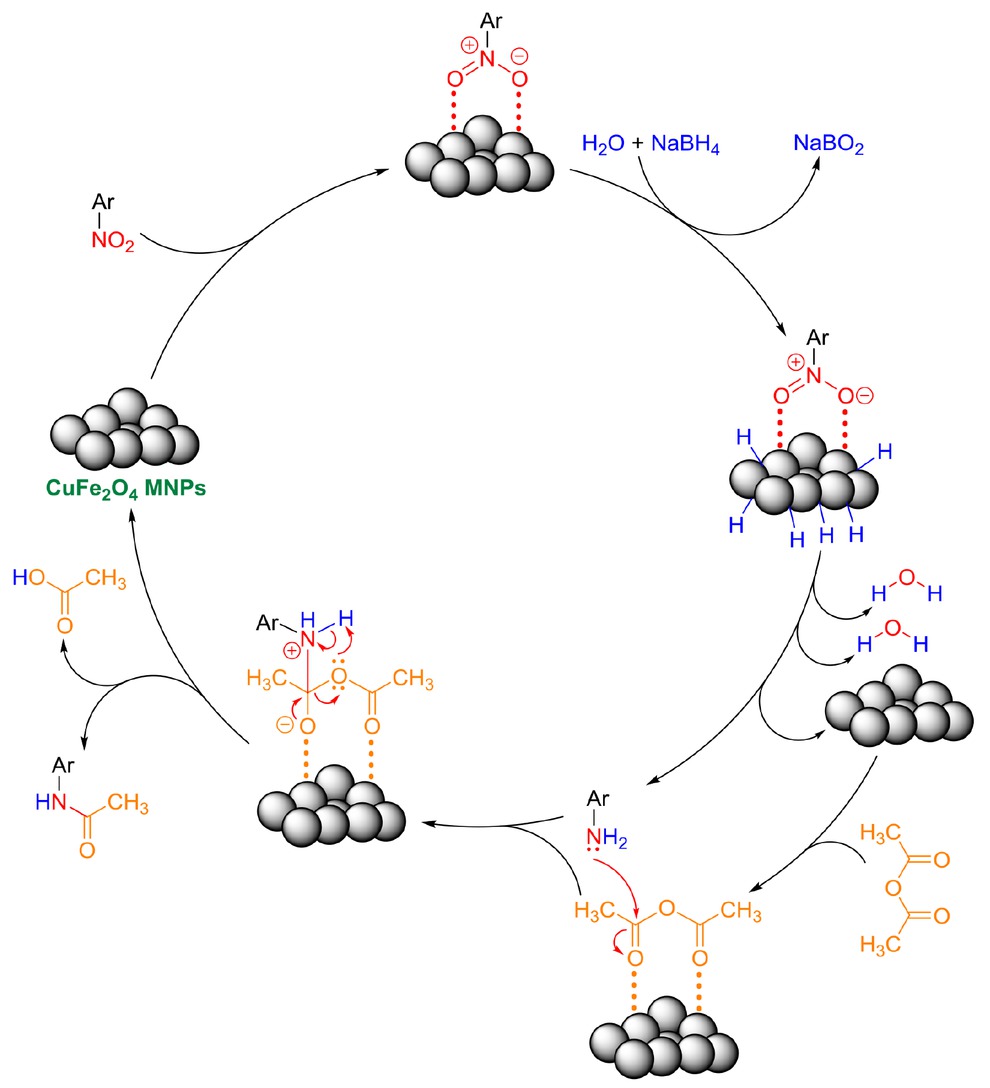 Scheme 2 Plausible mechanism for the one-pot reductive acetylation of nitroarenes promoted by CuFe2O4 MNPs.