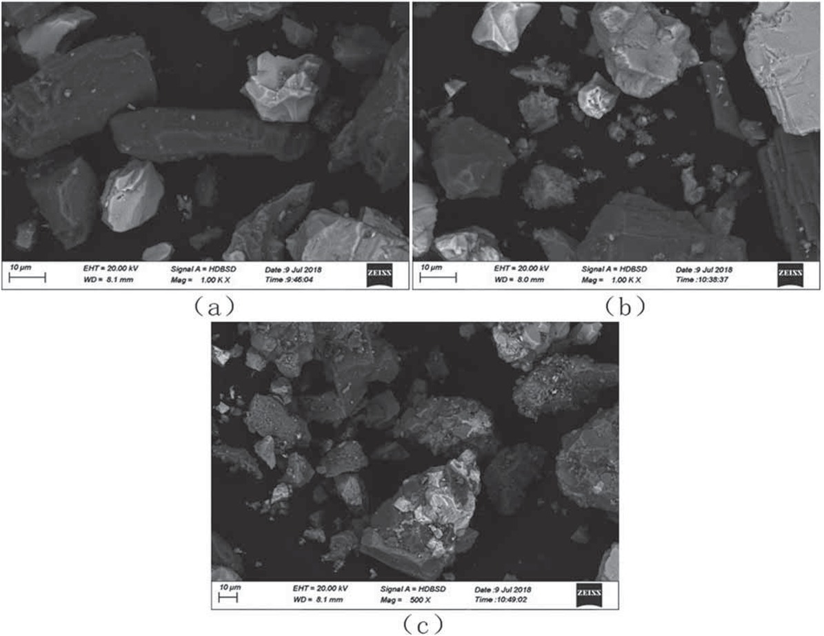 Figure 5 SEM diagram of rare earth tailings. (a) Rare earth tailings; (b) Microwave-roasted tailings; (c) Alkali and acid co-treated tailings.