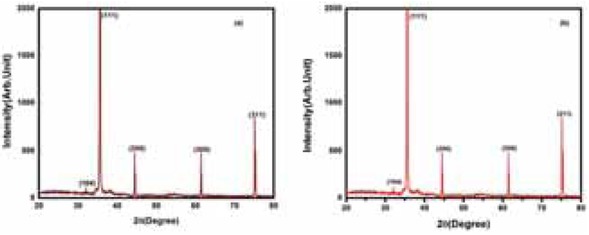 Figure 6 X-ray diffraction pattern of AgNPs (JCPDS No: 84-0713) of (a) A. bilimbi leaf and (b) Plum fruit.