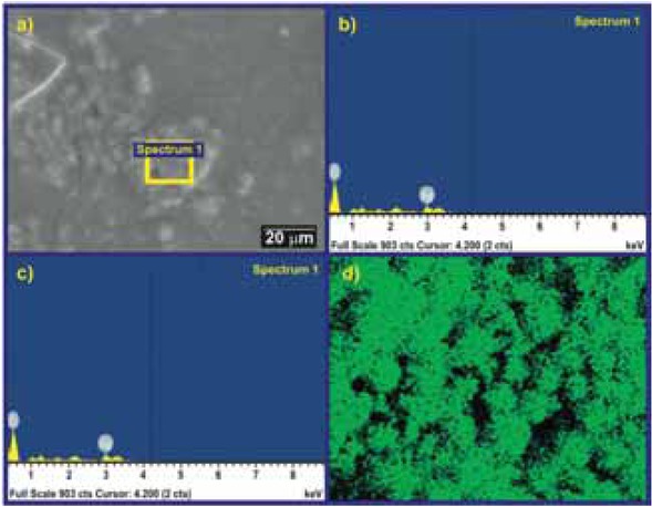 Figure 9 EDS image of synthesized silver nanoparticles from: (a,b) Averroh bilimbi leaf extract, (c,d) Plum fruit extract.