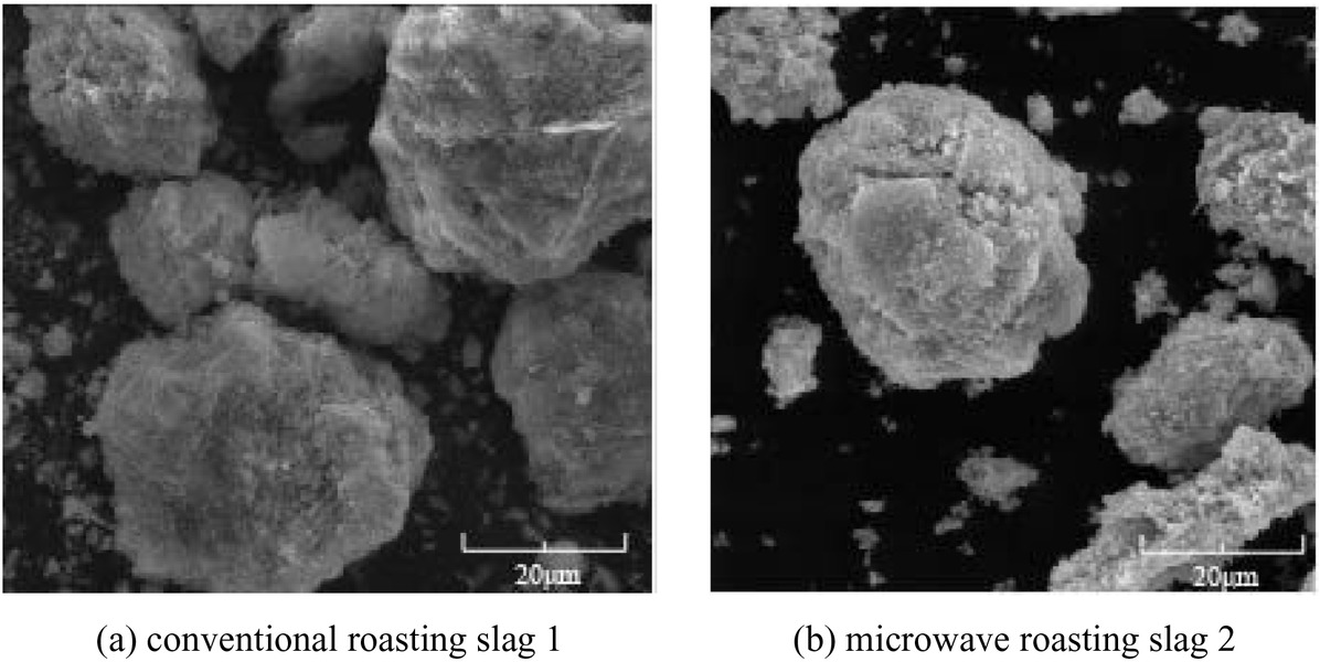 Figure 10 SEM images of oxidizing roast slag using conventional and microwave roasting.