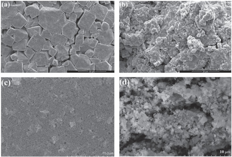 Figure 3 SEM images of H4SiW (a), NiHSiW (b), UiO-66 (c) and NiHSiW/UiO-66 (d) catalysts.