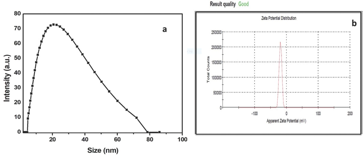 Figure 3 (a) Particle size distribution of synthesized TiO2 nanoparticles; (b) Zeta potential analysis.