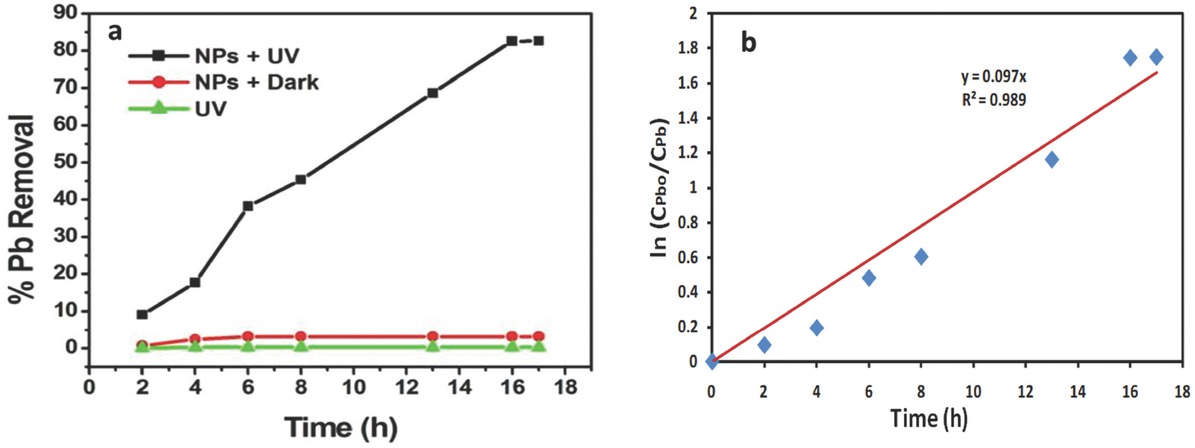 Figure 8 (a) Pb removal profile in UV and dark condition in the presence of synthesized TiO2 NPs; (b) Kinetic data for Pb removal with synthesized TiO2 NPs.