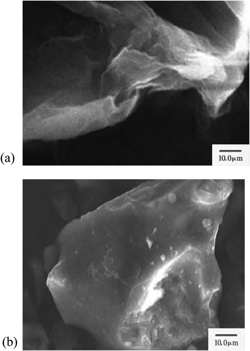 Figure 1 Scanning electron micrographs of (a) GO and (b) GC.