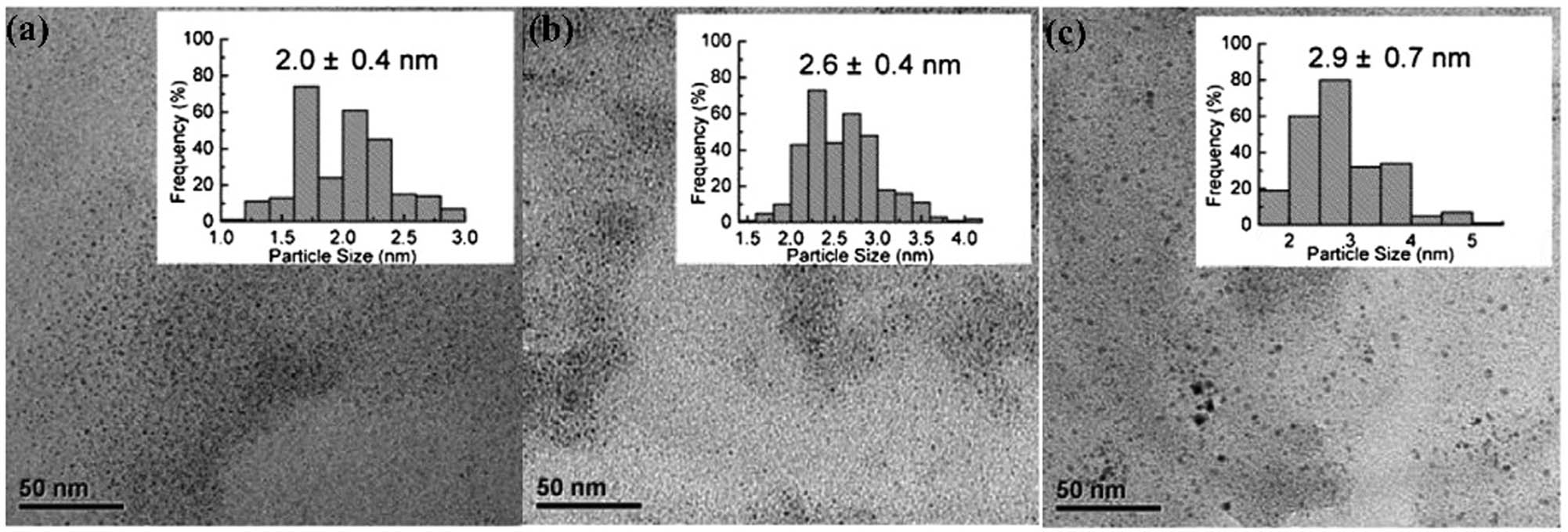 Figure 4 TEM images of the Pt NPs synthesized at (a) 30°C, (b) 60°C, and (c) 90°C when the Cacumen platycladi percentage and initial Pt(ii) concentration were 50% and 1 mM, respectively (reprinted from ref. [12], copyright 2020, with permission from Elsevier).