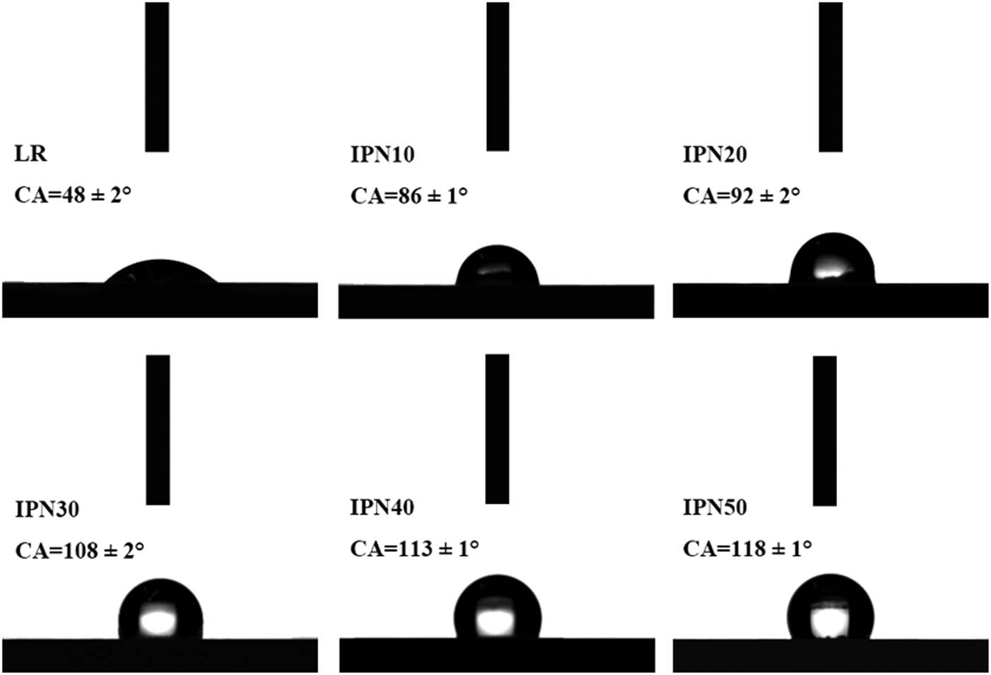 Figure 5 
                  Water contact angle measurement of LR and IPN films.
               