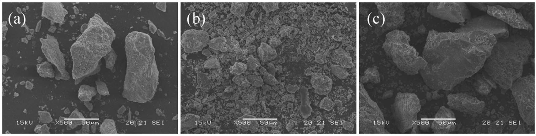 Figure 2 
               SEM images of three types phosphate rock: (a) Mabian, (b) Huangmailing, and (c) Yichang.
            
