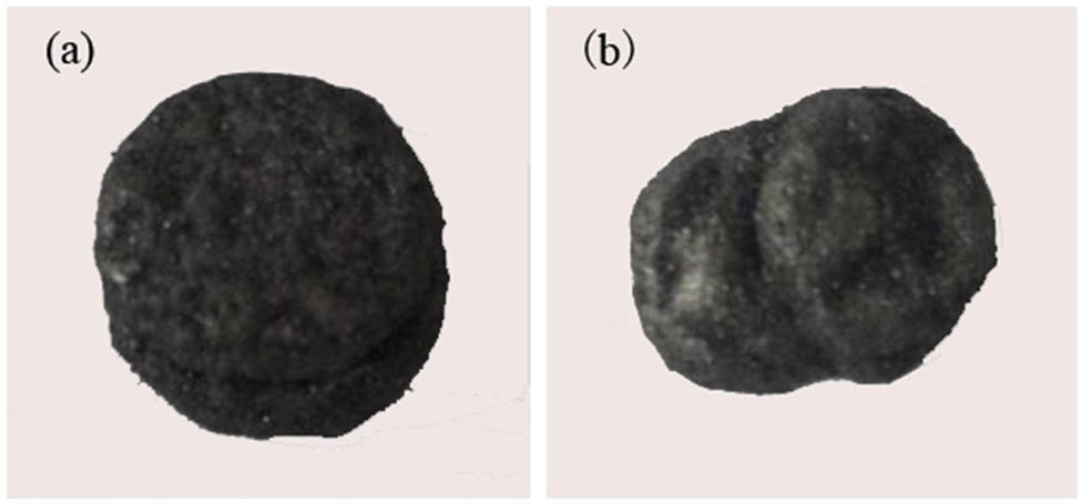 Figure 9 
                  Optical images of residue of SiO2 system slag (a) and fly ash system slag (b).
               