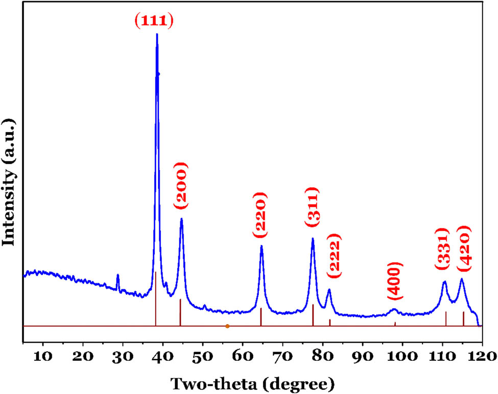 Figure 3 
                  XRD pattern of the biogenic Au-NPs-3.75%.
               