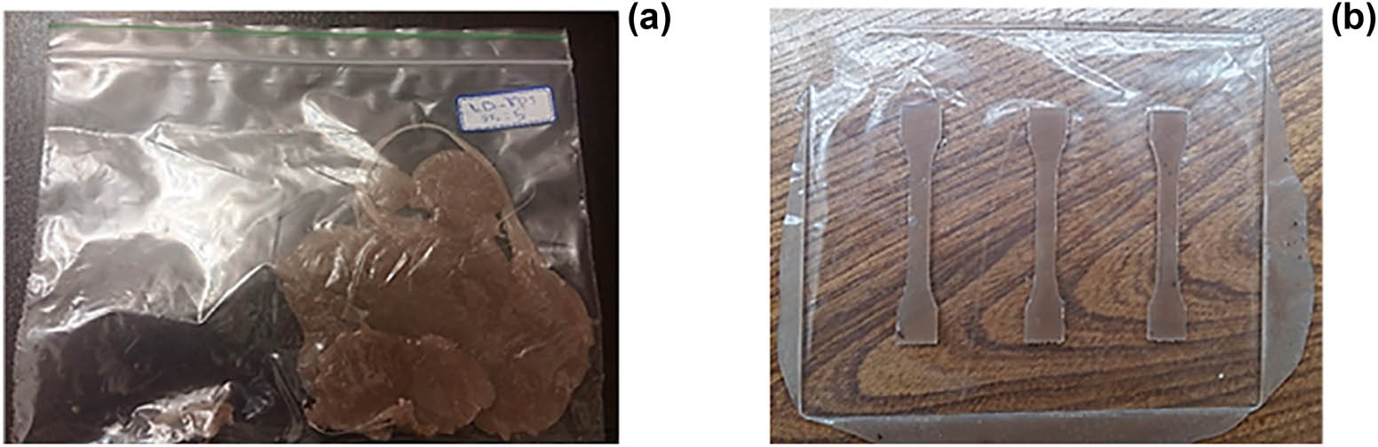 Figure 3
Polyethylene–starch–ZnO nanoparticles nanocomposite (a) and dumbbell shape of mixture (b).