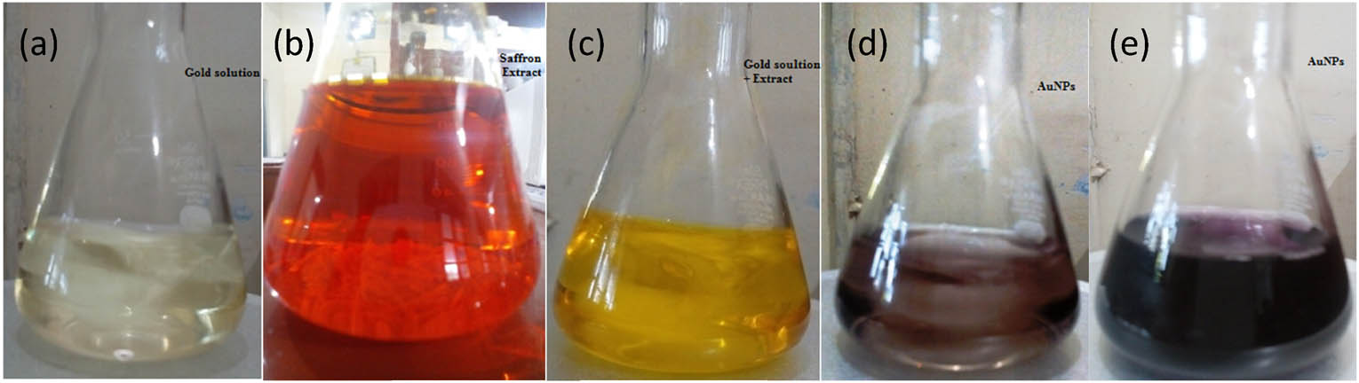 Figure 6
Color change of AuNPs of saffron stigma (SS-AuNPs) formation with time: (a) saffron extract, (b) gold solution, (c) initial mixing of gold solution and extract, (d) after 30 min, and (e) after 1 h.