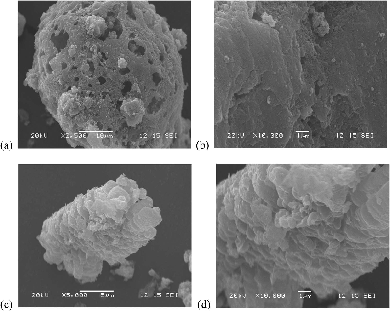 Figure 2 
                  SEM photos of (a and b) fly ash and (c and d) Na-P1 zeolite at different magnifications.
               