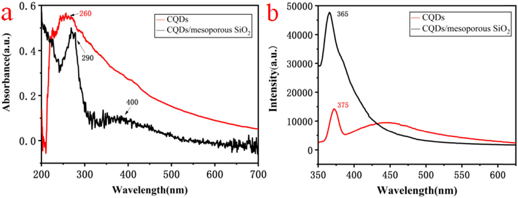 Figure 3 
                  (a) UV-Vis spectra of CQDs and CQDs/mesoporous SiO2, and (b) fluorescence emission spectra of CQDs and CQDs/mesoporous SiO2.
               