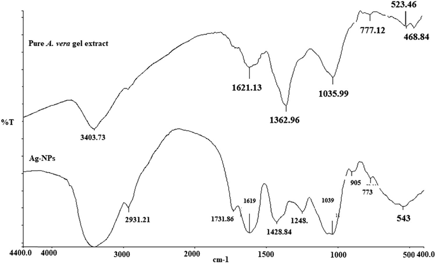 Figure 3
FTIR spectra of pure A. vera gel extract and the phytosynthesized Ag-NPs.