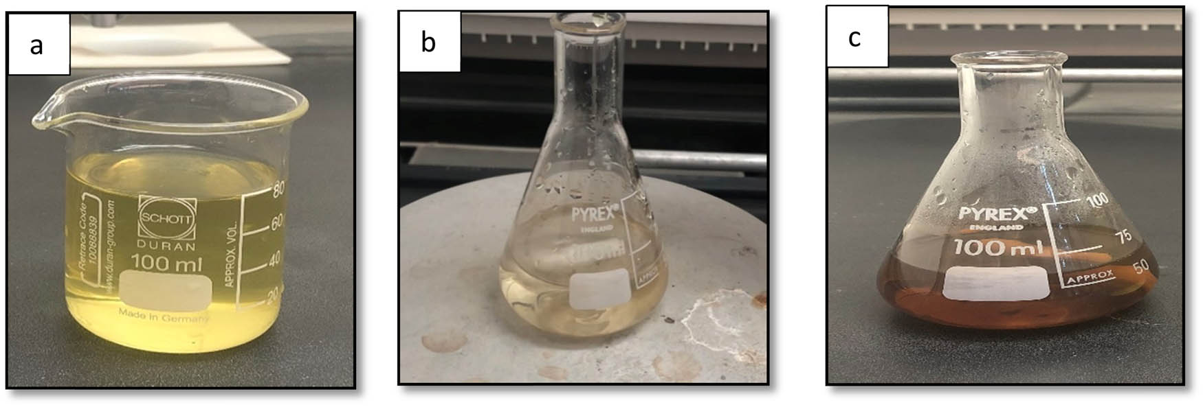 Figure 1 
                  Visual observation of (a) the Ficus carica extract, (b) after 5 min of mixing the Ficus carica extract with silver nitrate solution, and (c) the synthesis of AgNPs (after 15 min the colour changed to brown).
               