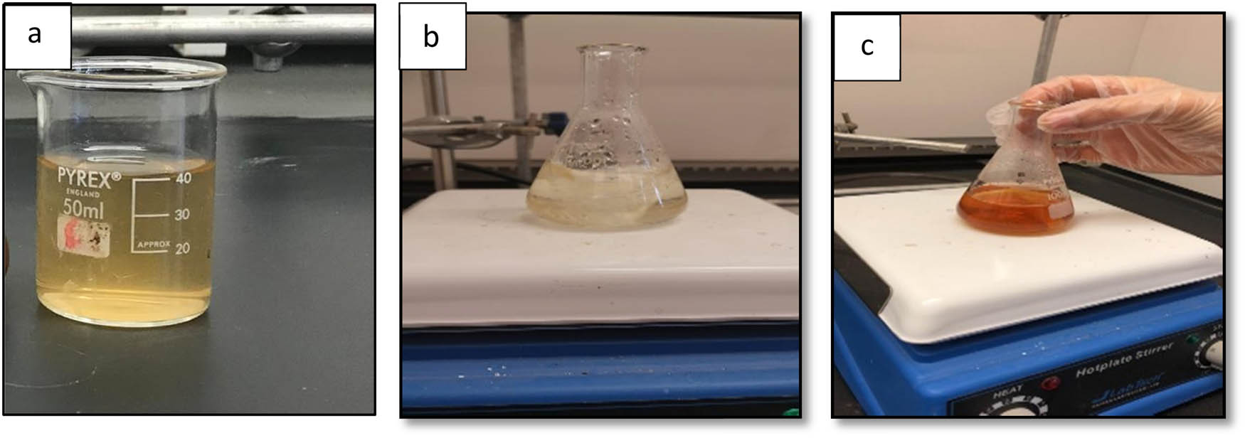 Figure 2 
                  Visual observation of (a) the rosemary extract, (b) after 5 min of mixing the rosemary extract with silver, and (c) the synthesis of AgNPs (15 min after mixing) the colour changed to brown.
               