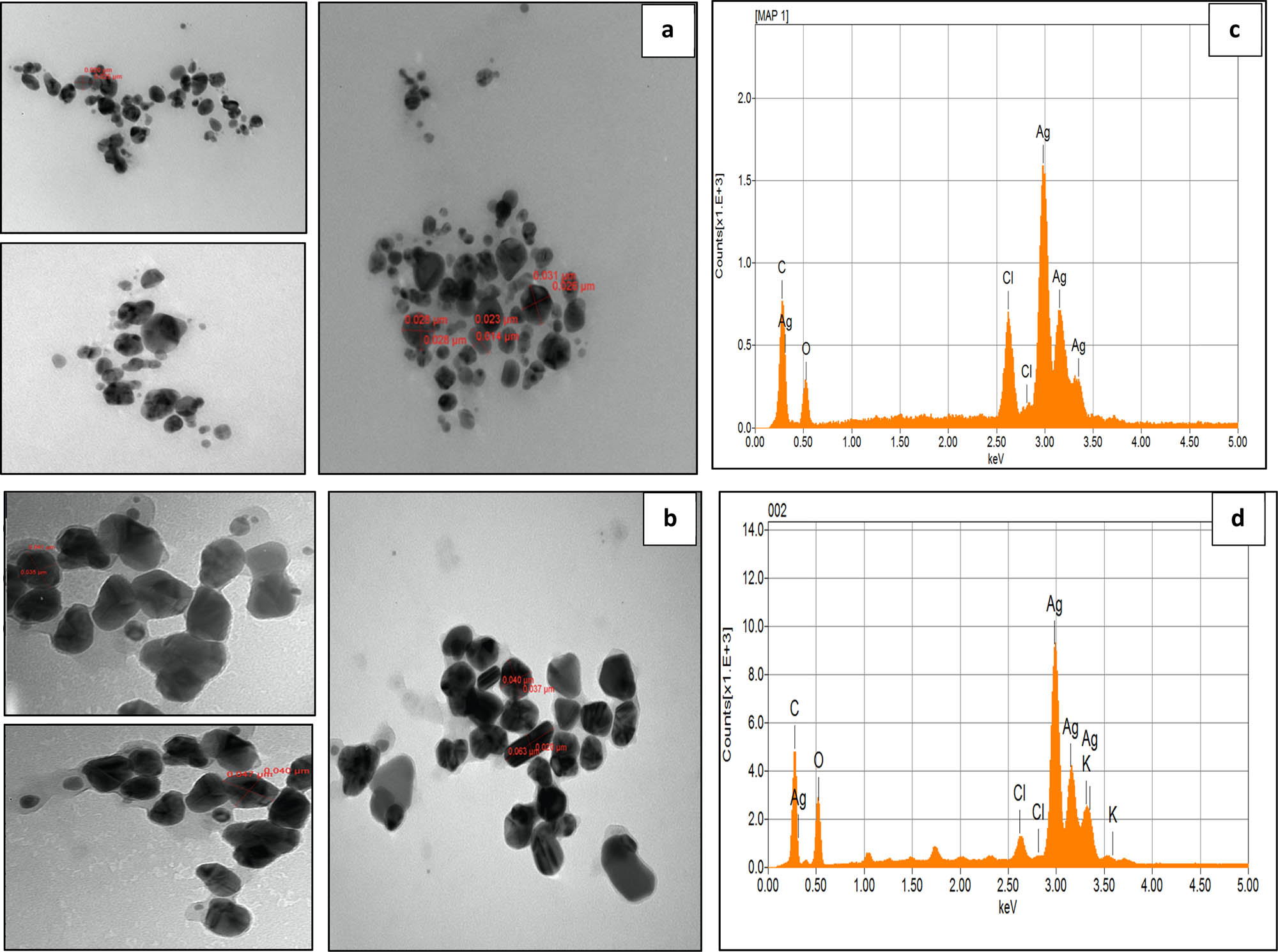Figure 7 
                  TEM micrographs and EDX spectrum analysis of AgNPs synthesized using F. carica (a and c) and rosemary (b and d) extracts.
               