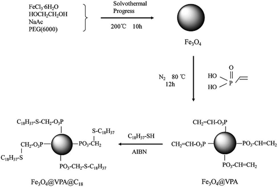 Figure 1 
                  Schematic preparation procedure of magnetic composites Fe3O4@VPA@C18 [41].
               